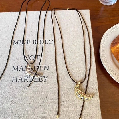 Croissant Pendant Necklace Bread Minority Design Rope Chain Necklace Charms Handmade Long Sweater Chain Decoration