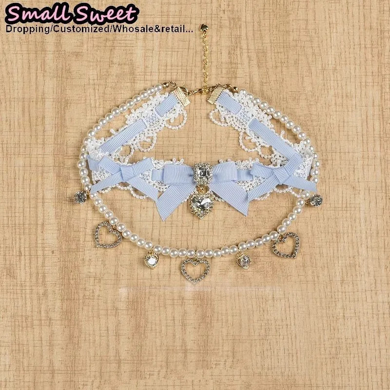 Handmade Choker Necklaces Double Pearl bow love jewelry gemstone sweet Cute Kawaii Collar Lolita Collarbone Chain Cecklace Women