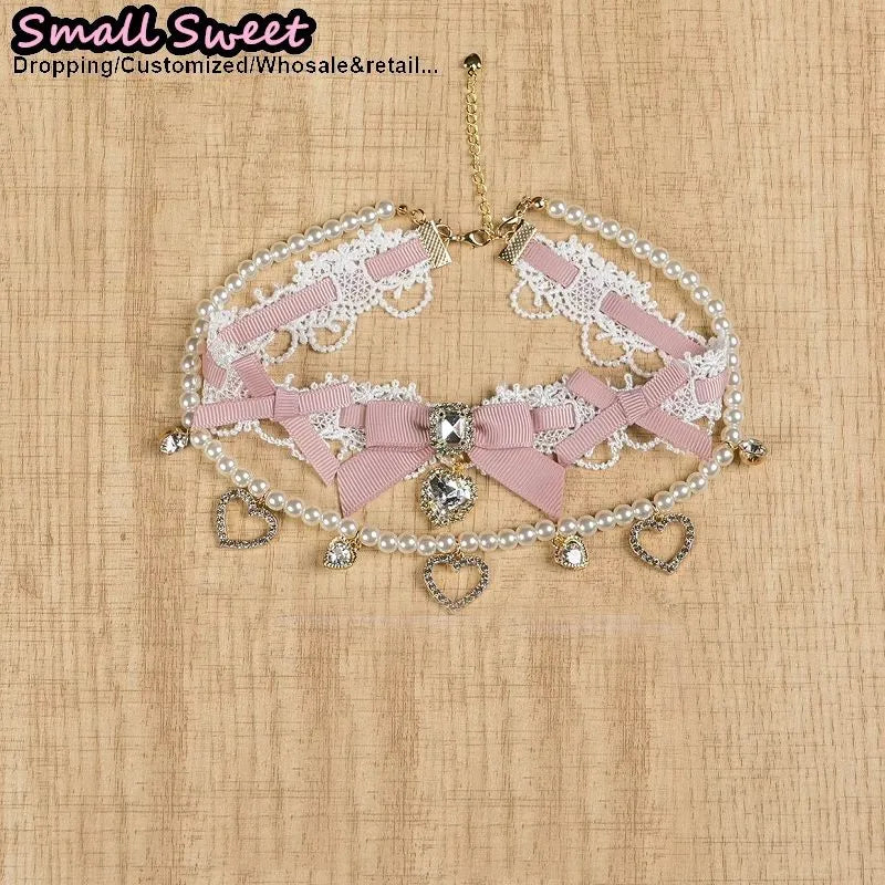 Handmade Choker Necklaces Double Pearl bow love jewelry gemstone sweet Cute Kawaii Collar Lolita Collarbone Chain Cecklace Women
