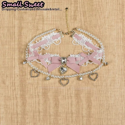 Handmade Choker Necklaces Double Pearl bow love jewelry gemstone sweet Cute Kawaii Collar Lolita Collarbone Chain Cecklace Women
