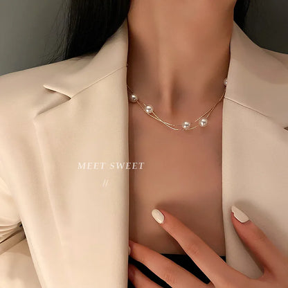 Korean Double-layered Pearl Necklace Personalized Fashionable Women's Clavicle Beaded Necklace Holiday Banquet Girl Jewelr Gift