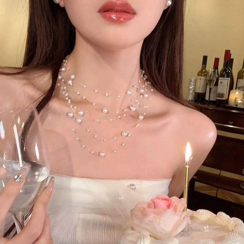 Elegant White Pearl Necklace Women's Clavicle Chain New 2025 Style Autumn/Winter High-End Sweater Chain Multi-Layer Pearl