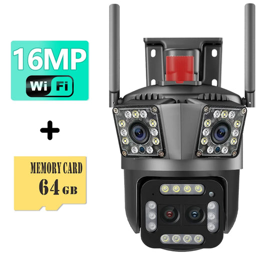 16MP 8K HD Wifi Camera Outdoor 12X Zoom Four Lens Three Screen Auto Tracking Security Protection 4K PTZ Video Surveillance CCTV