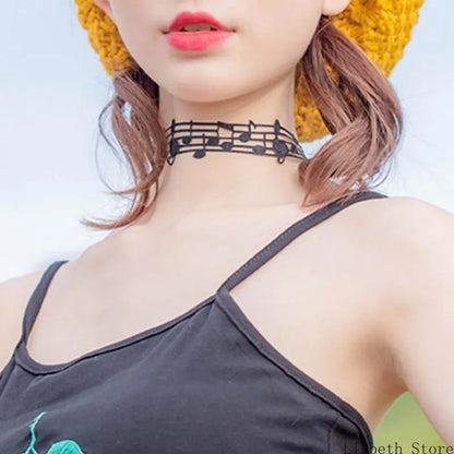 Elegant Black Alloy and Ribbon Necklace with Distinctive Note Distinctive Fashion Jewelry Perfect for Party and Concerts