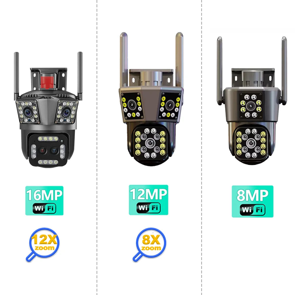 16MP 8K HD Wifi Camera Outdoor 12X Zoom Four Lens Three Screen Auto Tracking Security Protection 4K PTZ Video Surveillance CCTV