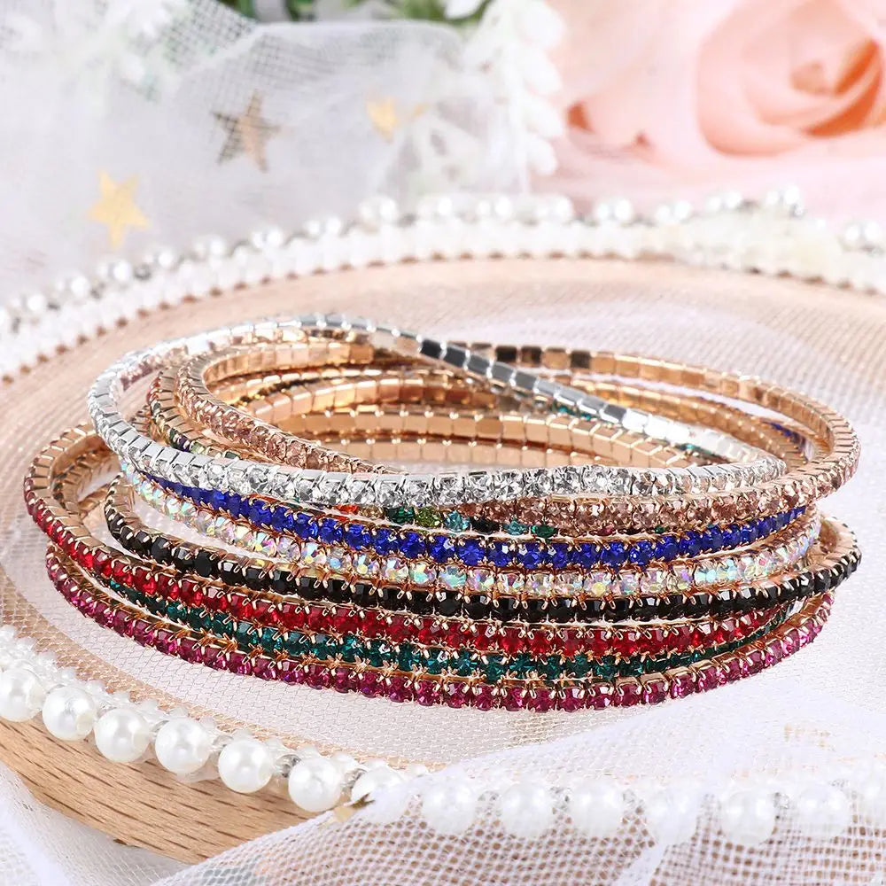 Luxury Rhinestone Elastic Bracelet Women Shiny Colorful Crystal Bangles Adjustable Layered Stackable Bracelet Wristband Jewelry