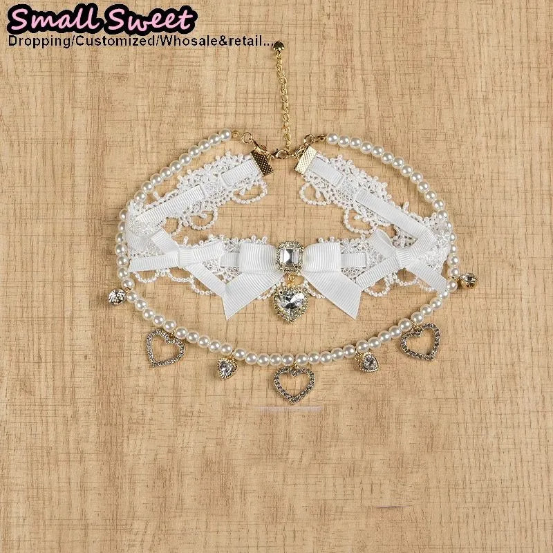 Handmade Choker Necklaces Double Pearl bow love jewelry gemstone sweet Cute Kawaii Collar Lolita Collarbone Chain Cecklace Women