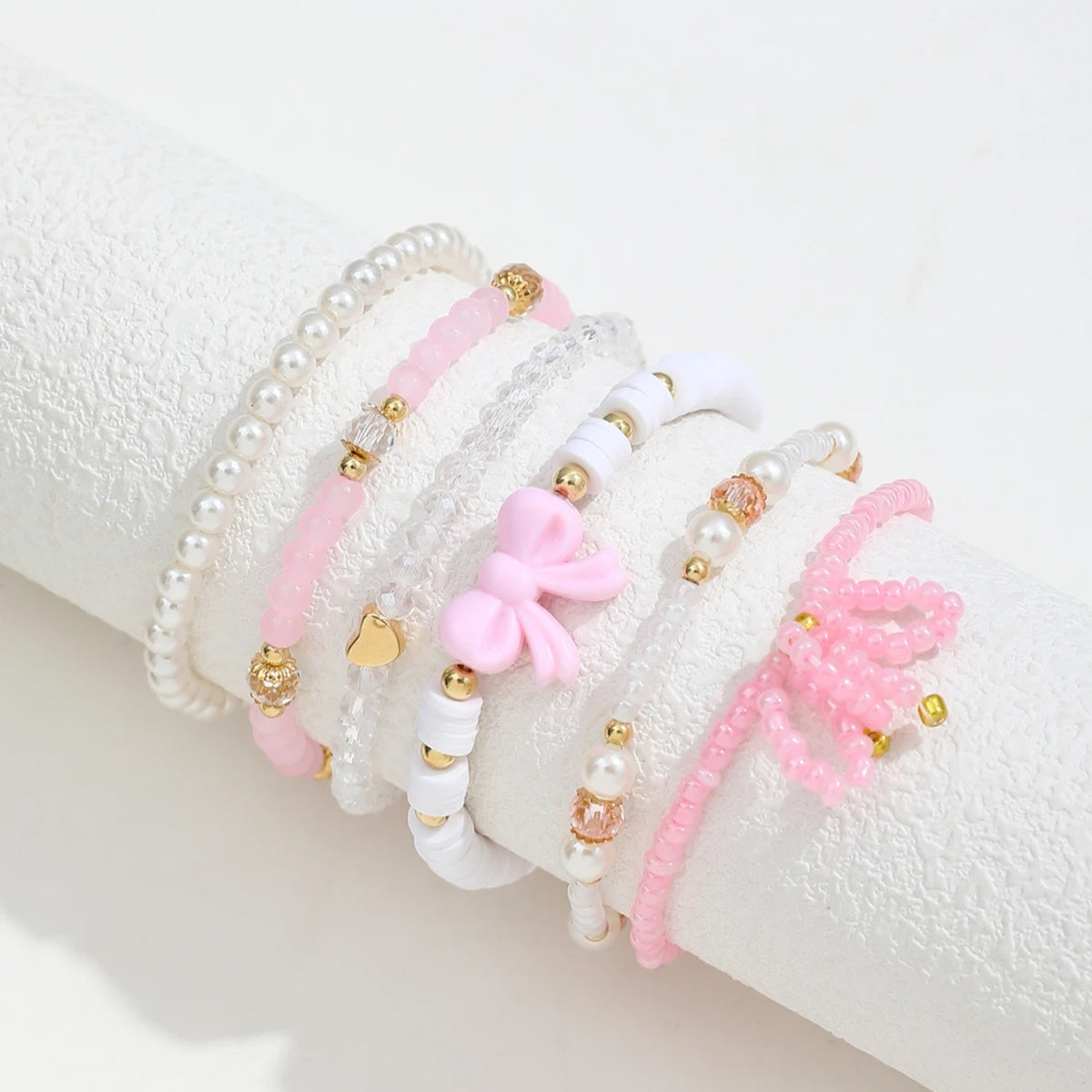 6Pcs/Set European and American Cute Pearl Love Beaded Bow Bracelets Set For Women Simple Design Sweet Jewelry Gifts