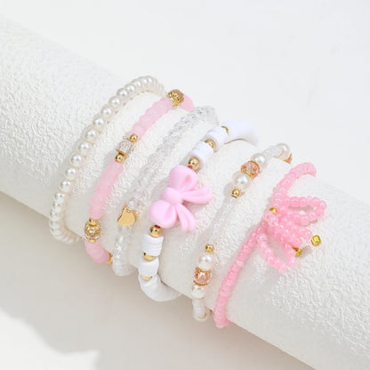 6Pcs/Set European and American Cute Pearl Love Beaded Bow Bracelets Set For Women Simple Design Sweet Jewelry Gifts