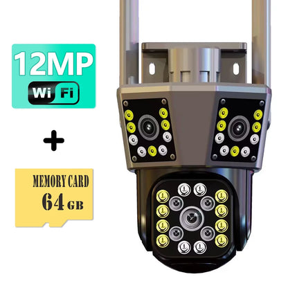 16MP 8K HD Wifi Camera Outdoor 12X Zoom Four Lens Three Screen Auto Tracking Security Protection 4K PTZ Video Surveillance CCTV