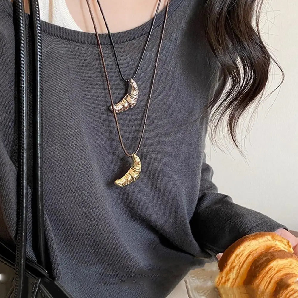 Croissant Pendant Necklace Bread Minority Design Rope Chain Necklace Charms Handmade Long Sweater Chain Decoration
