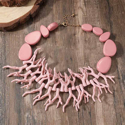 Trendy Choker Beaded Chain Bohemian Necklaces&Earrings Set for Women Big Beads Coralline Pendant Necklace Bib Set Jewelry Gifts