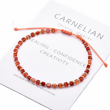 Red Carnelian Bracelet for Women Dainty 2mm Small Square Agate 14k Gold Plated Copper Bead Braided Bracelets