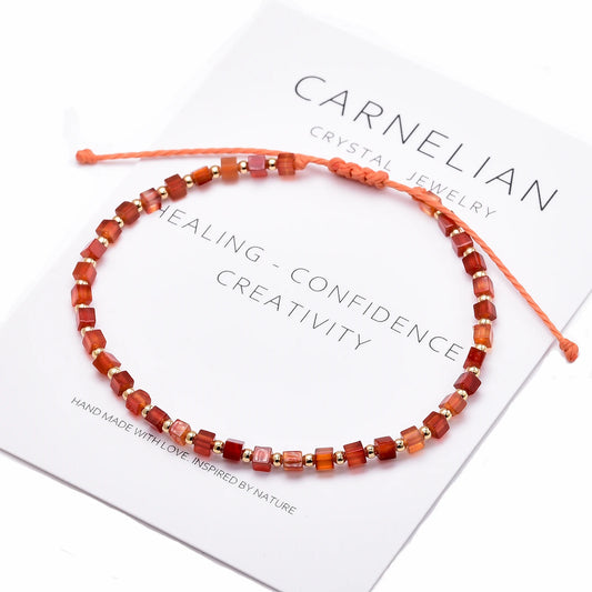Red Carnelian Bracelet for Women Dainty 2mm Small Square Agate 14k Gold Plated Copper Bead Braided Bracelets