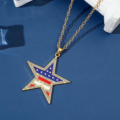 USA Flag Necklace US Love Heart Pentagram America Flag Necklace Full Iced Out Rhinestone Men Hip Hop Rock Pendant Neck Chains