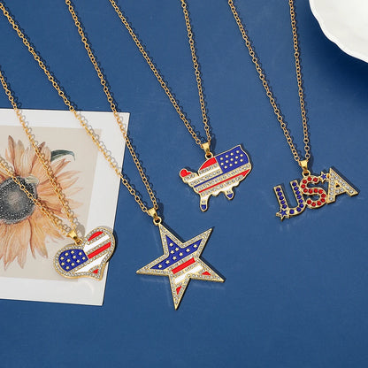 USA Flag Necklace US Love Heart Pentagram America Flag Necklace Full Iced Out Rhinestone Men Hip Hop Rock Pendant Neck Chains