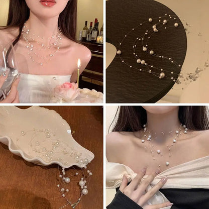 Elegant White Pearl Necklace Women's Clavicle Chain New 2025 Style Autumn/Winter High-End Sweater Chain Multi-Layer Pearl
