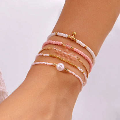 Handmade Black Crystal Beaded Bracelet for Women Minimalist Rice Beads Elastic Rope Bracelet Summer Vacation Party Jewelry Gift