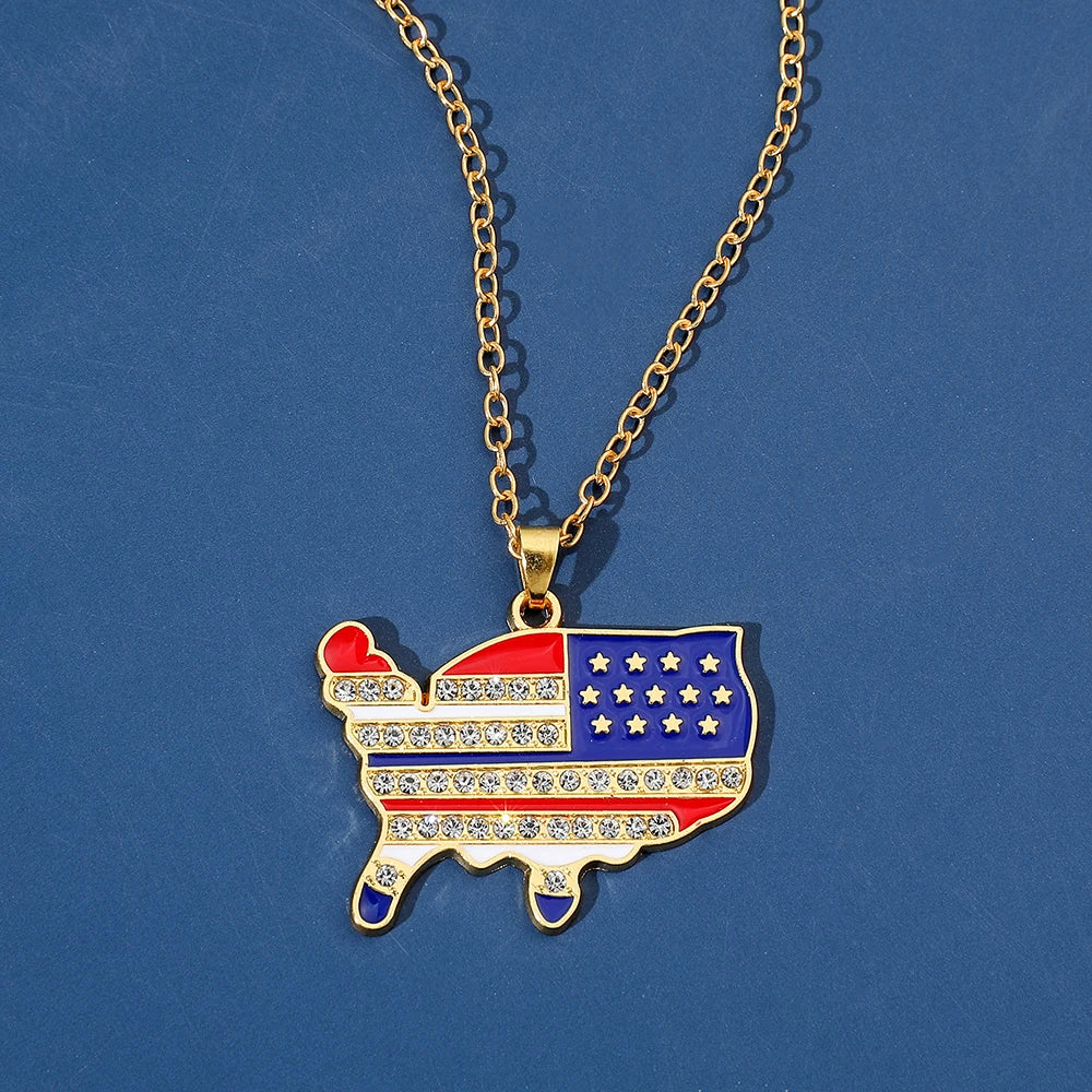 USA Flag Necklace US Love Heart Pentagram America Flag Necklace Full Iced Out Rhinestone Men Hip Hop Rock Pendant Neck Chains