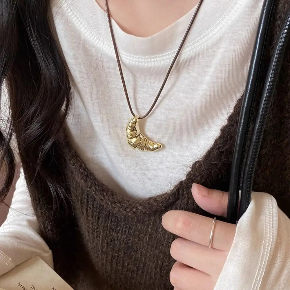 Croissant Pendant Necklace Bread Minority Design Rope Chain Necklace Charms Handmade Long Sweater Chain Decoration