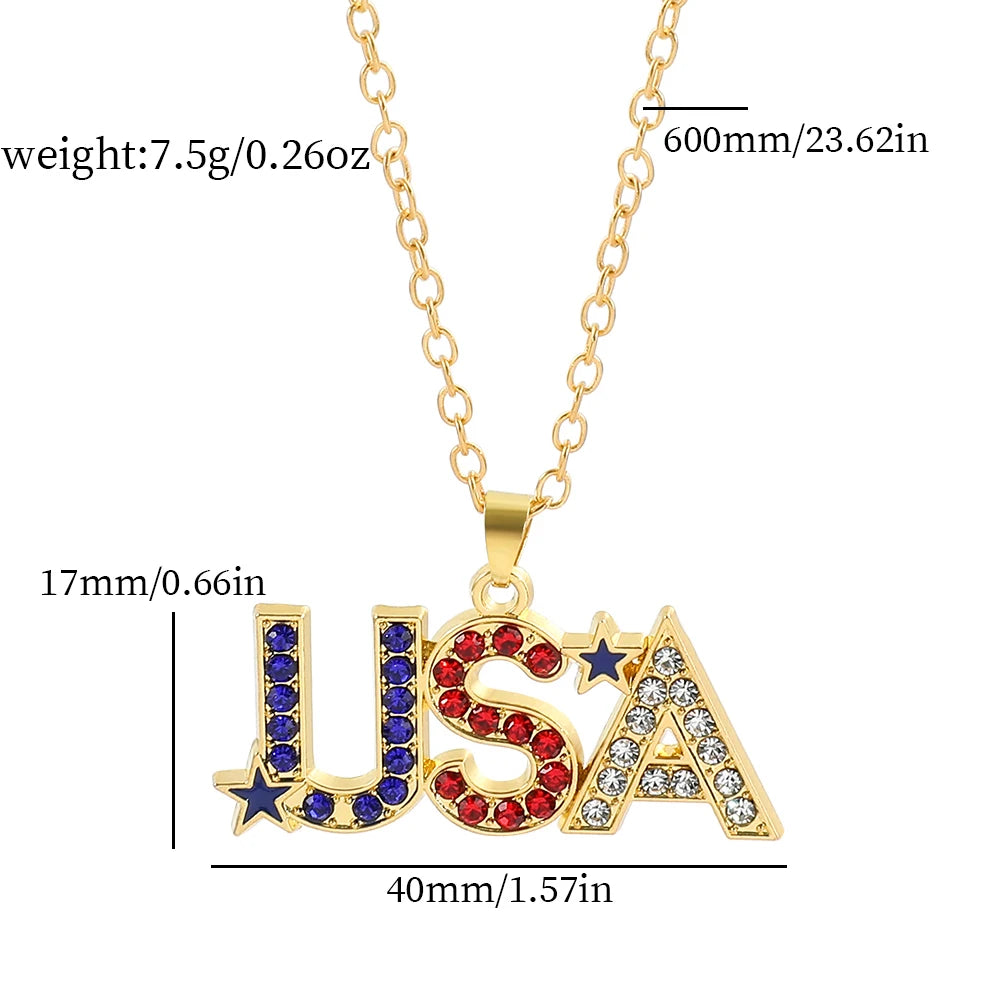 USA Flag Necklace US Love Heart Pentagram America Flag Necklace Full Iced Out Rhinestone Men Hip Hop Rock Pendant Neck Chains