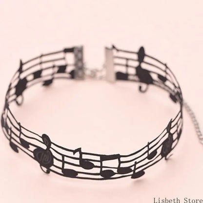Elegant Black Alloy and Ribbon Necklace with Distinctive Note Distinctive Fashion Jewelry Perfect for Party and Concerts