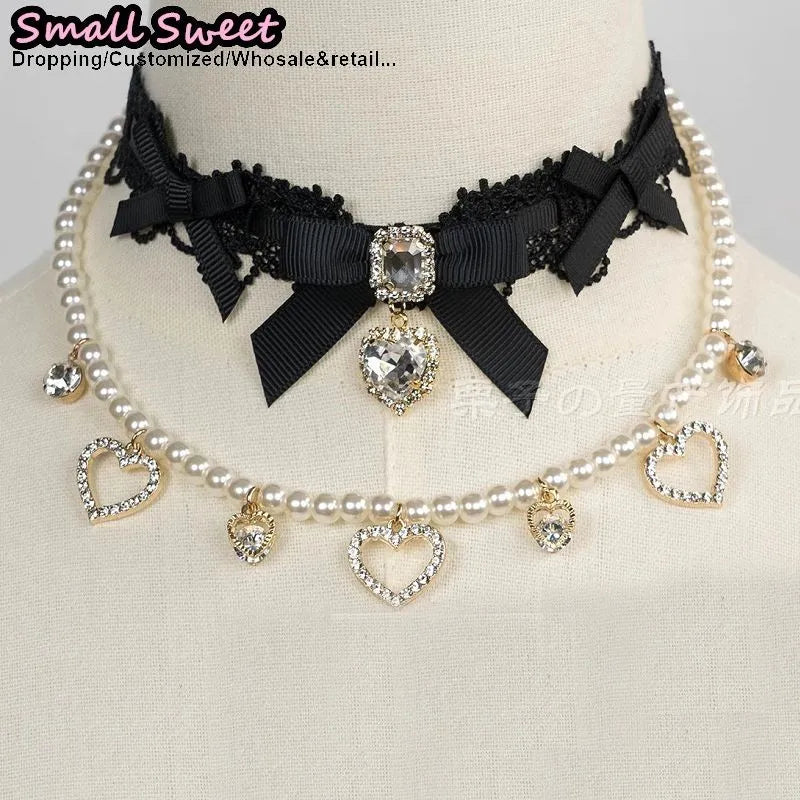 Handmade Choker Necklaces Double Pearl bow love jewelry gemstone sweet Cute Kawaii Collar Lolita Collarbone Chain Cecklace Women