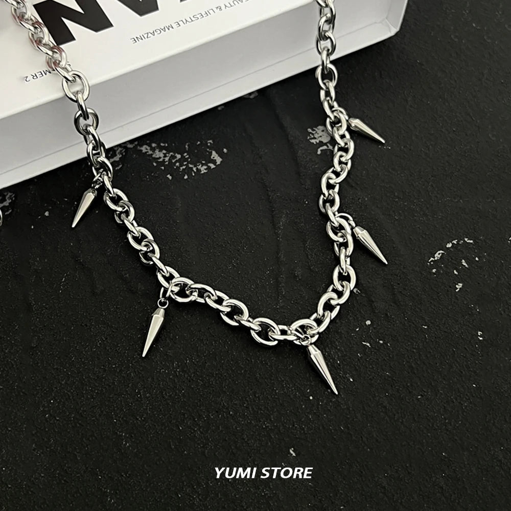 Hip Hop Rivet Necklace For Man Woman Titanium Steel Cone Pendant Sweater Chain Choker Jewelry Punk Male Cool Accessories