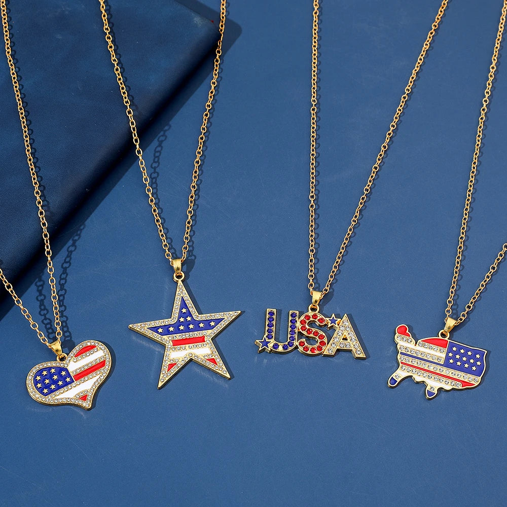 USA Flag Necklace US Love Heart Pentagram America Flag Necklace Full Iced Out Rhinestone Men Hip Hop Rock Pendant Neck Chains