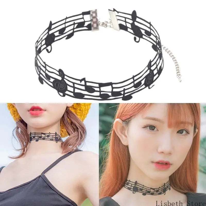 Elegant Black Alloy and Ribbon Necklace with Distinctive Note Distinctive Fashion Jewelry Perfect for Party and Concerts