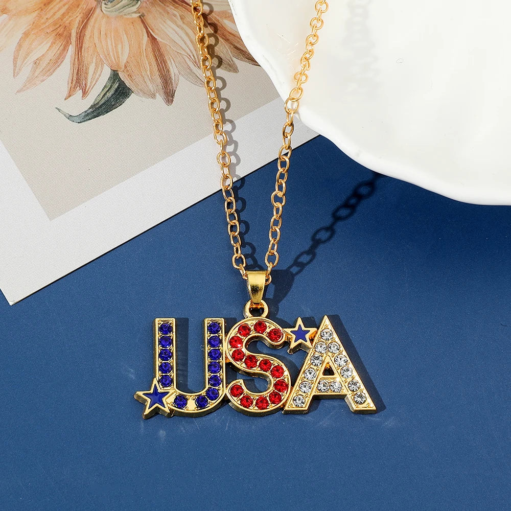 USA Flag Necklace US Love Heart Pentagram America Flag Necklace Full Iced Out Rhinestone Men Hip Hop Rock Pendant Neck Chains