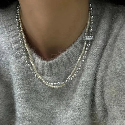 New Alloy/Titanium Steel Pearl Wrapped Double-layer Necklace Bilayer Pearl Double Layered Necklace Woman Pearl Necklace