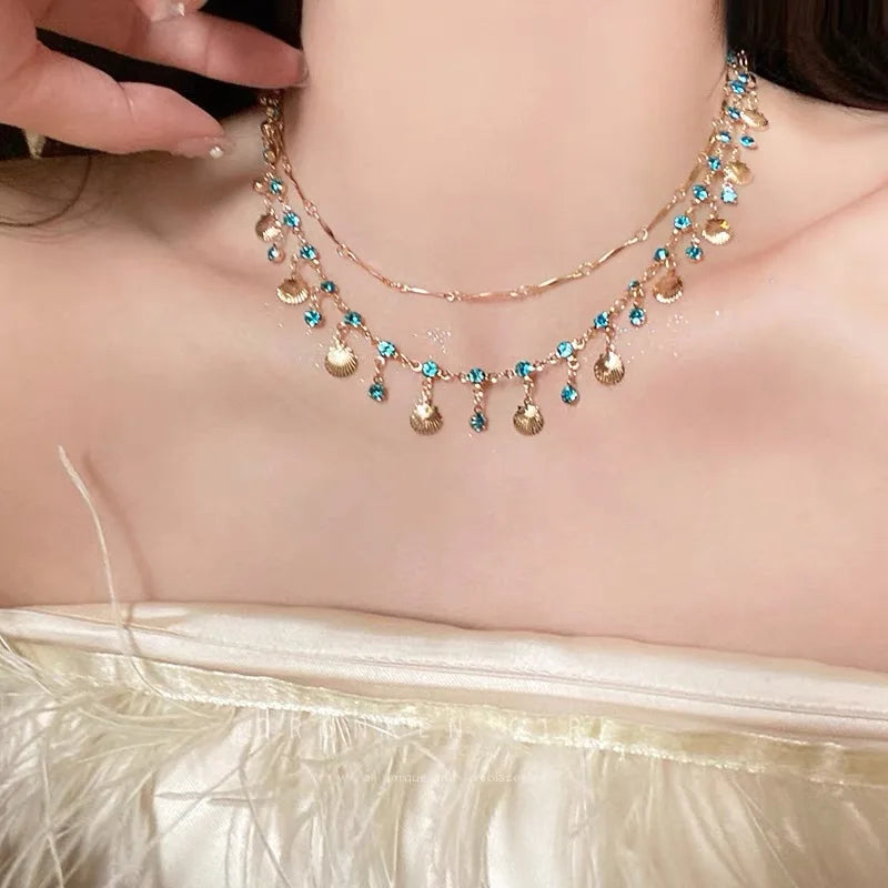 New Romantic Elegant Blue Crystal Shell Tassels Necklace for Women Luxury Charm Clavicle Chain Simple Wedding Jewelry Gifts