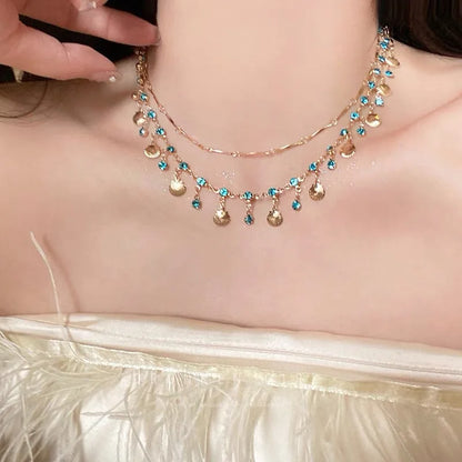 New Romantic Elegant Blue Crystal Shell Tassels Necklace for Women Luxury Charm Clavicle Chain Simple Wedding Jewelry Gifts