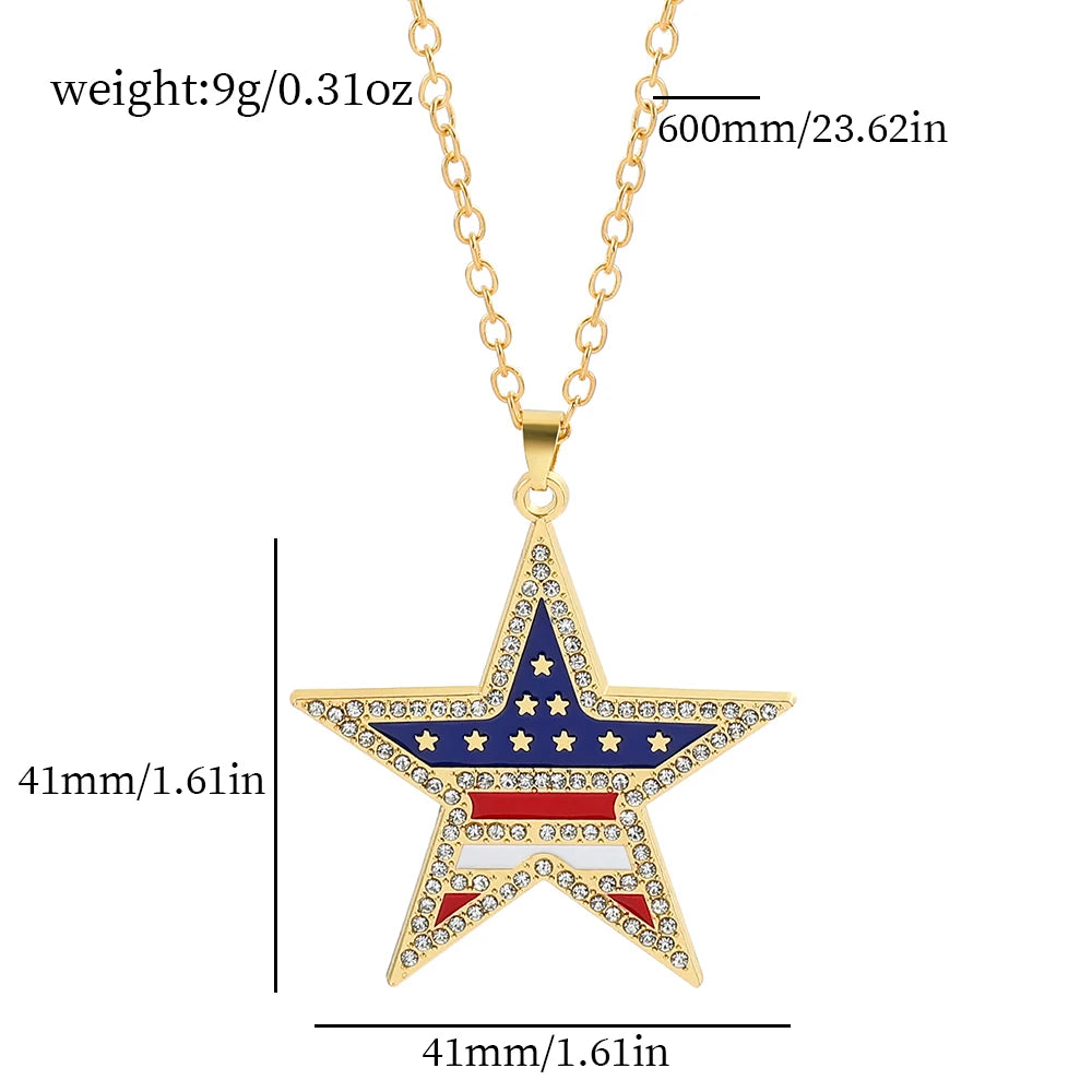 USA Flag Necklace US Love Heart Pentagram America Flag Necklace Full Iced Out Rhinestone Men Hip Hop Rock Pendant Neck Chains