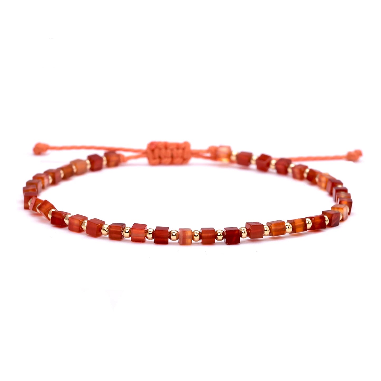 Red Carnelian Bracelet for Women Dainty 2mm Small Square Agate 14k Gold Plated Copper Bead Braided Bracelets