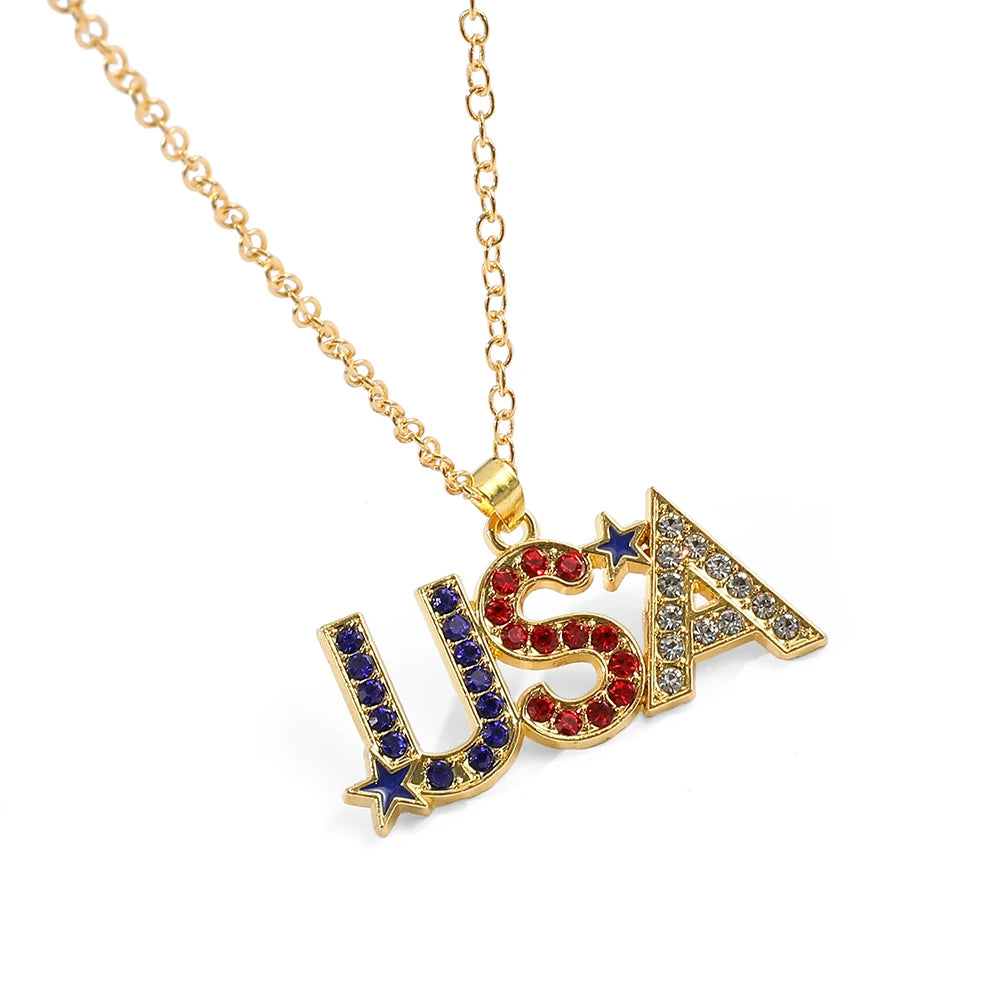 USA Flag Necklace US Love Heart Pentagram America Flag Necklace Full Iced Out Rhinestone Men Hip Hop Rock Pendant Neck Chains