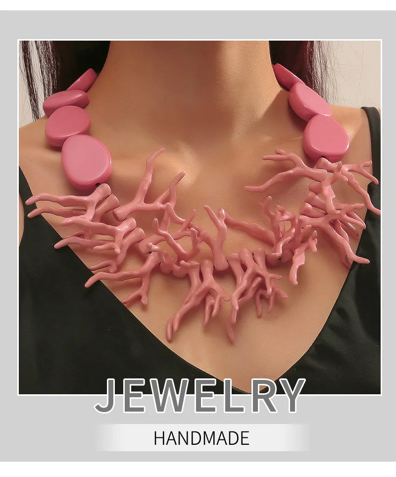 Trendy Choker Beaded Chain Bohemian Necklaces&Earrings Set for Women Big Beads Coralline Pendant Necklace Bib Set Jewelry Gifts