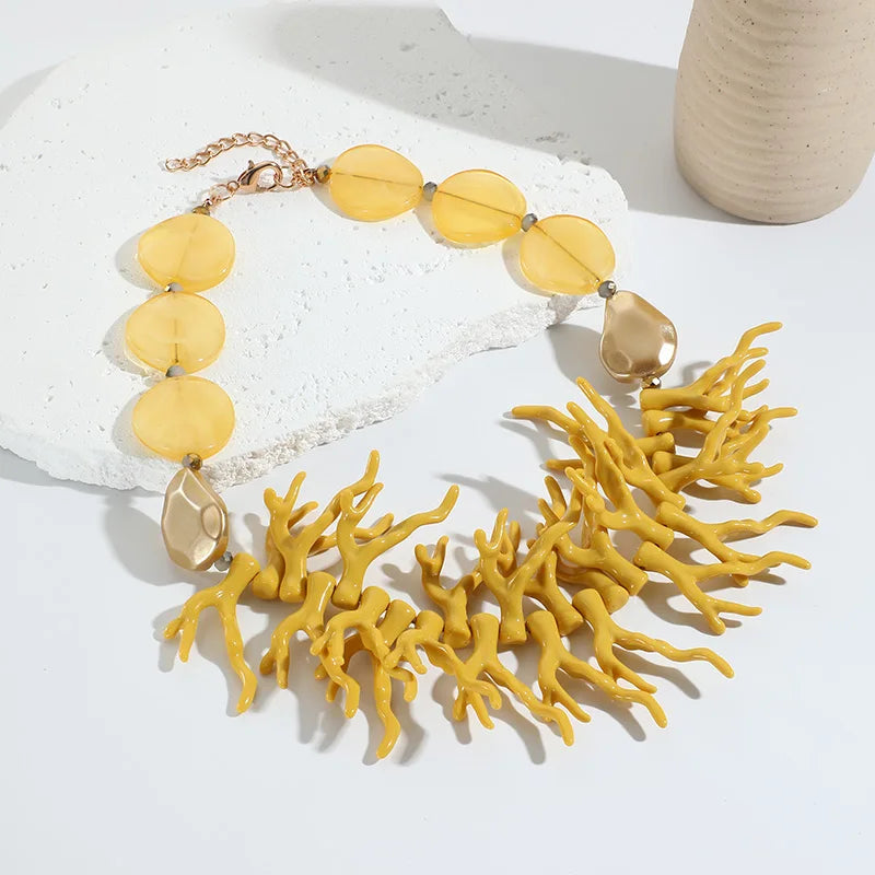 Trendy Choker Beaded Chain Bohemian Necklaces&Earrings Set for Women Big Beads Coralline Pendant Necklace Bib Set Jewelry Gifts