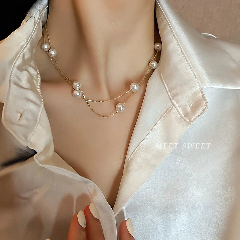 Korean Double-layered Pearl Necklace Personalized Fashionable Women's Clavicle Beaded Necklace Holiday Banquet Girl Jewelr Gift