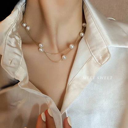 Korean Double-layered Pearl Necklace Personalized Fashionable Women's Clavicle Beaded Necklace Holiday Banquet Girl Jewelr Gift