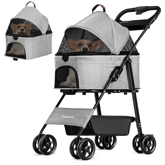 Pet Stroller for Dogs and Cats，Portable Pet Pram, Lightweight Folding Design with Safety Harness and Mesh Ventilation