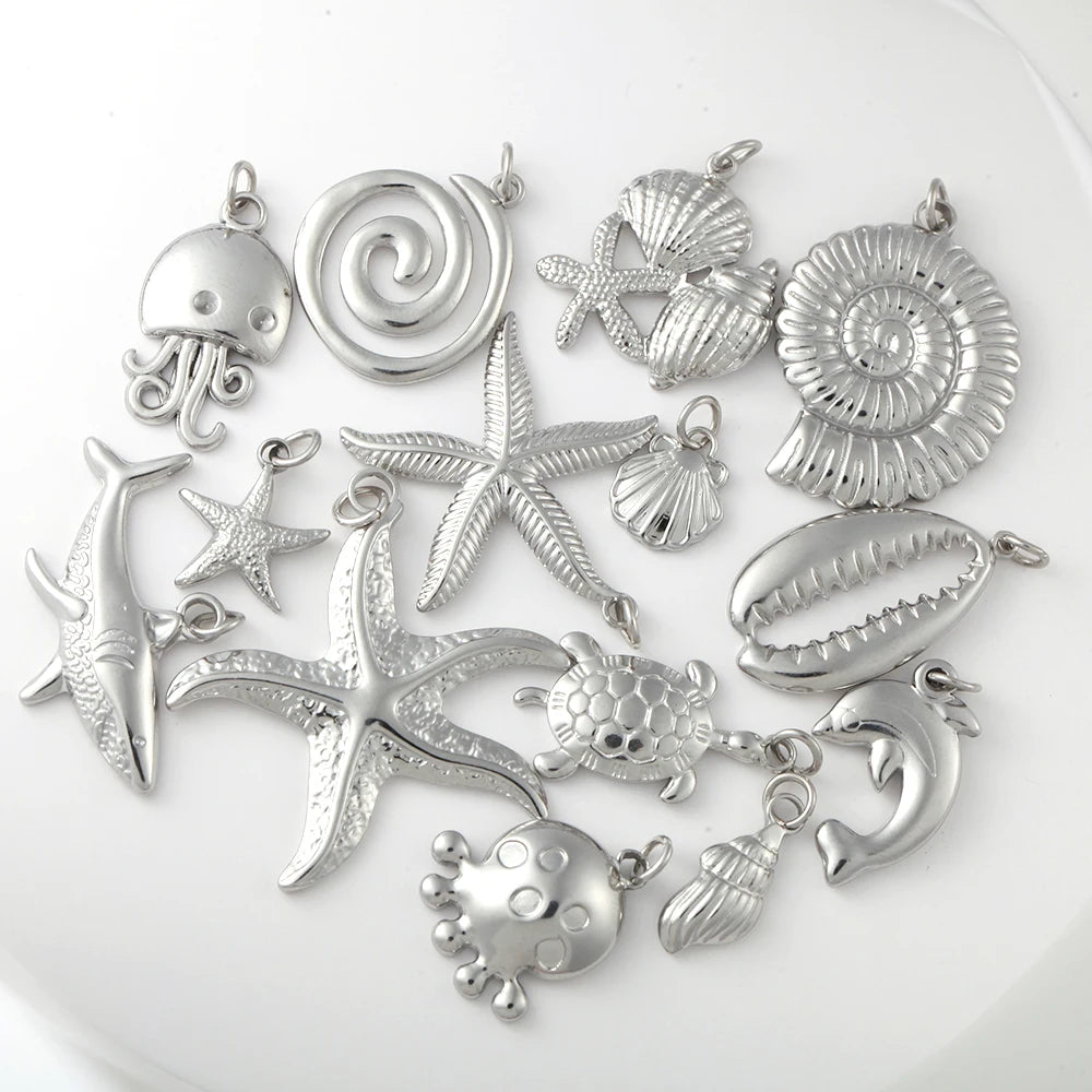 Necklaces Women Spring Buckle Chain Silvery Ocean Series Pendant Shell Conch Sea Star Pendants Stainless Steel Women's Jewelry