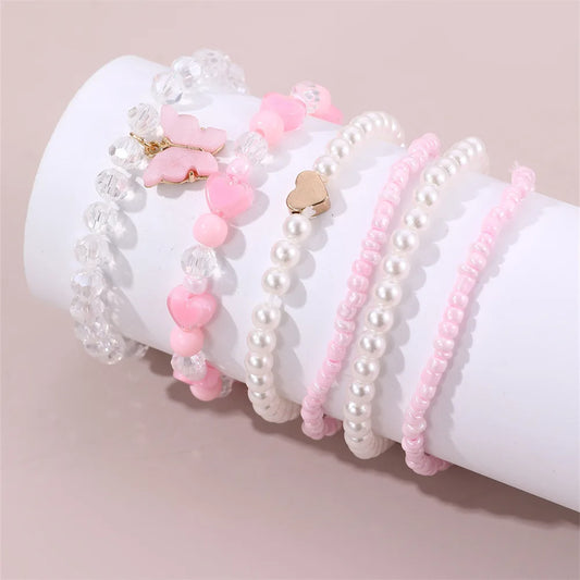 European and American Bracelet Simple Design Sweet Cute Pearl Love Beaded Butterfly Pendant Bracelet 6 Pieces suit