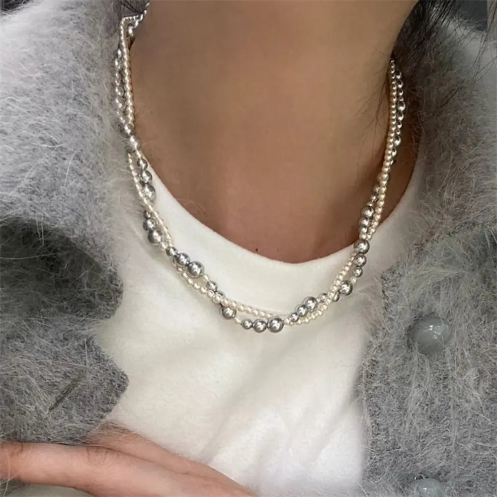 New Alloy/Titanium Steel Pearl Wrapped Double-layer Necklace Bilayer Pearl Double Layered Necklace Woman Pearl Necklace