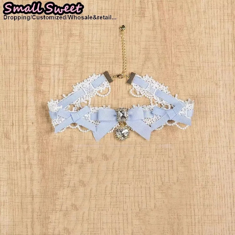 Handmade Choker Necklaces Double Pearl bow love jewelry gemstone sweet Cute Kawaii Collar Lolita Collarbone Chain Cecklace Women