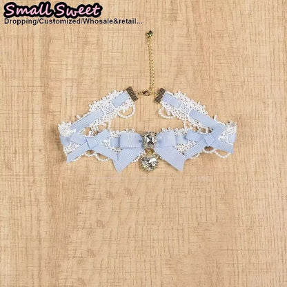 Handmade Choker Necklaces Double Pearl bow love jewelry gemstone sweet Cute Kawaii Collar Lolita Collarbone Chain Cecklace Women