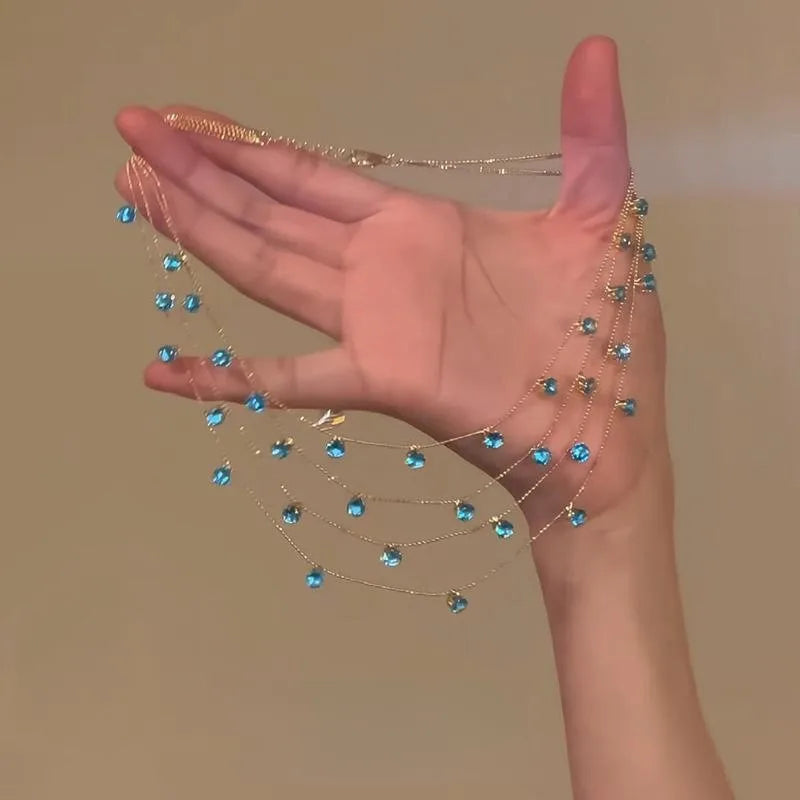 New Romantic Elegant Blue Crystal Shell Tassels Necklace for Women Luxury Charm Clavicle Chain Simple Wedding Jewelry Gifts