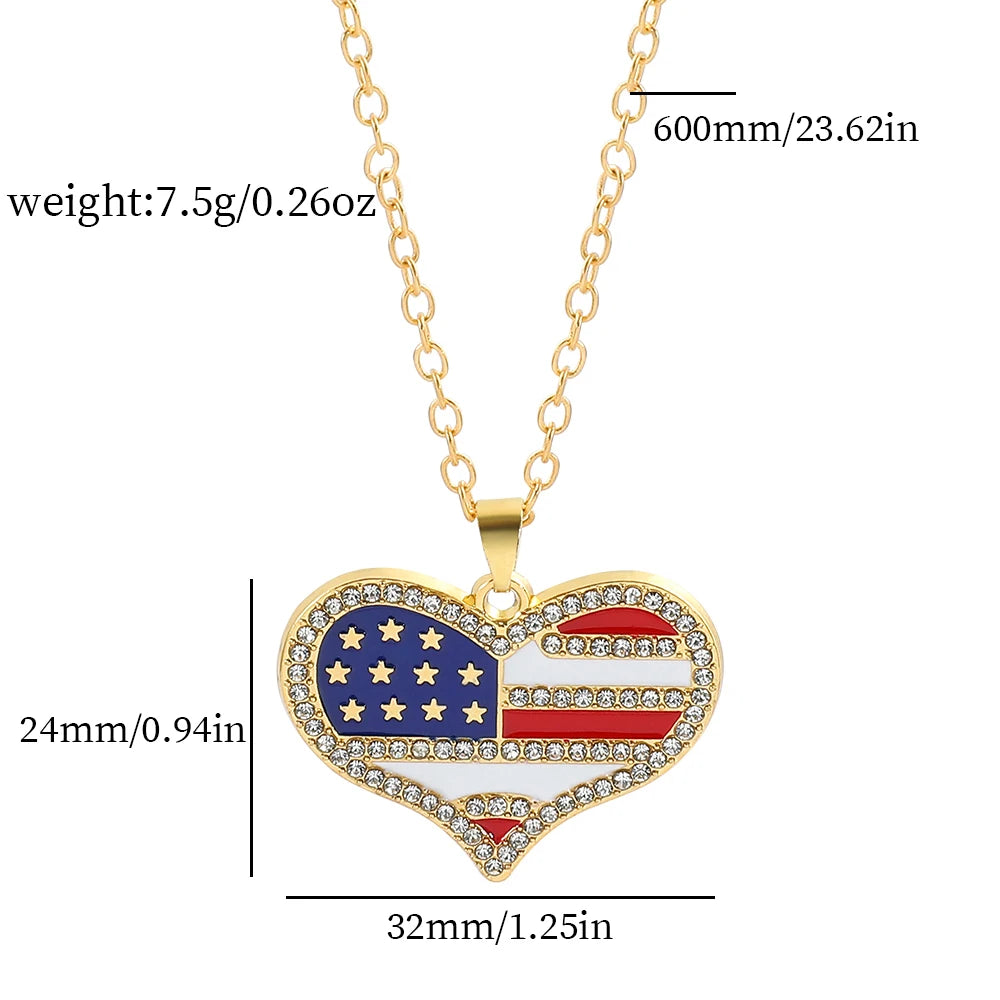 USA Flag Necklace US Love Heart Pentagram America Flag Necklace Full Iced Out Rhinestone Men Hip Hop Rock Pendant Neck Chains