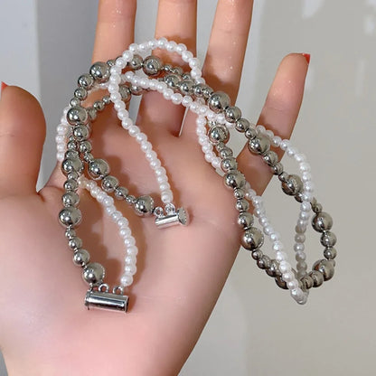 New Alloy/Titanium Steel Pearl Wrapped Double-layer Necklace Bilayer Pearl Double Layered Necklace Woman Pearl Necklace